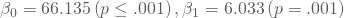 \beta_{0}=66.135\left(\mathbold{p}\leq.001\right), \beta_{1}=6.033 \left(\mathbold{p}=.001\right)