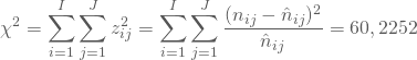 \begin{equation*} \chi^2 = \sum_{i=1}^I \sum_{j=1}^J z_{ij}^2 = \sum_{i=1}^I \sum_{j=1}^J \frac {(n_{ij} - \hat n_{ij})^2 } {\hat n_{ij}} = 60,2252 \end{equation*}