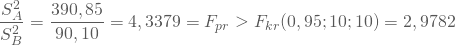 \begin{equation*} \frac {S^2_A } {S^2_B } = \frac {390,85} {90,10} = 4,3379 =F_{pr} > F_{kr}(0,95;10;10) = 2,9782 \end{equation*}