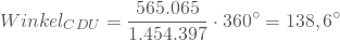 \begin{equation*} Winkel_{CDU} = \frac {565.065} { 1.454.397 } \cdot 360^{\circ} = 138,6 ^{\circ} \end{equation*}