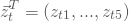 \begin{equation*} \vec z_t^T=(z_{t1},...,z_{t5})\end{equation*}